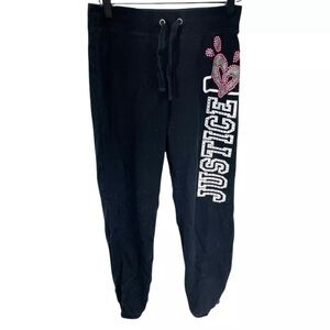 Justice Girls Black Rhinestone Spell Out Logo Cotton Jogger Pants